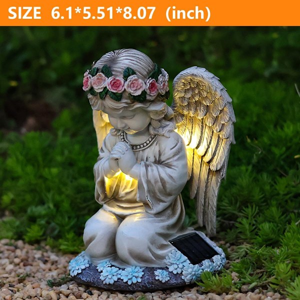 Solcellsdrivna Trädgårdsstatyer Utomhus, Resin Böneängel Figurin Lampa för Uteplats, Balkong, Trädgård, Gräsmatta Ornament, Unik Inflyttningspresent