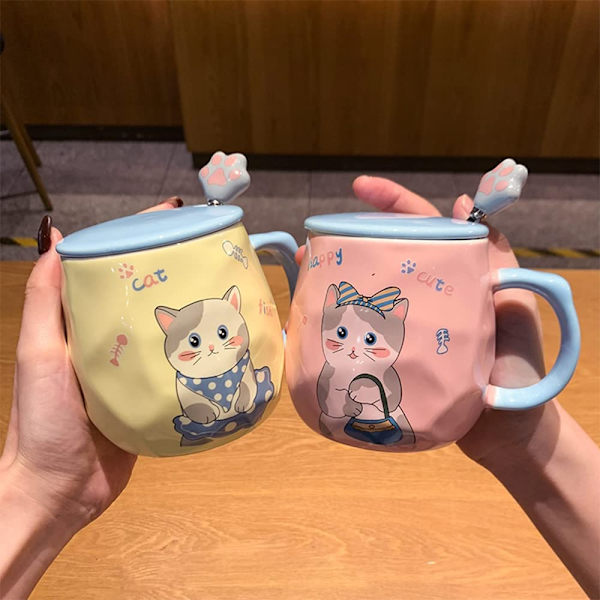 Söt kattmugg, högkvalitativ keramik, hög temperaturbeständig, 14oz med 3D-lock och sked, julklapp födelsedagspresent, katt rosa