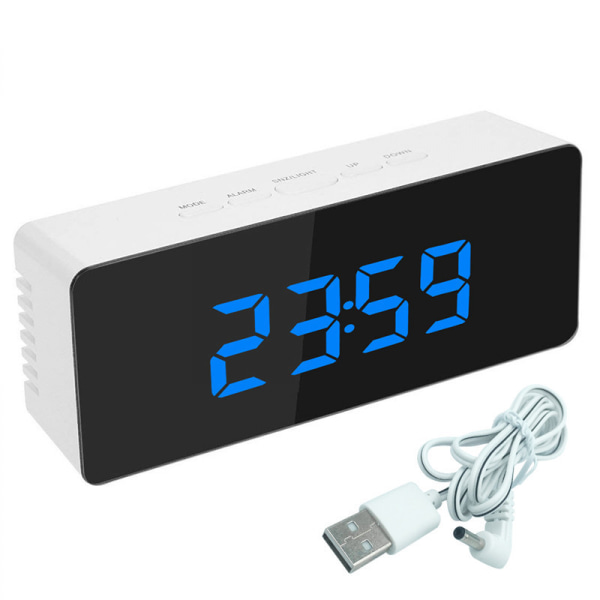 Digital Mini LED-klocka Spegelväckarklocka med termometer Kalenderfunktion (Blå)