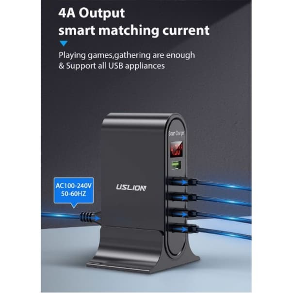 USB 5V4A Smart Desktop LED Digital Display Hurtigoplader, US Standard, Sort