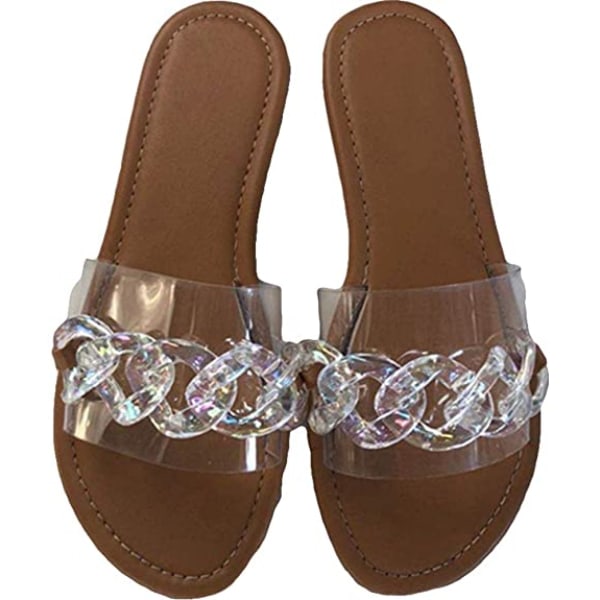 Kvinnersandaler Strand Åpen Tå Flat Slippers Transparent  Mote Fargerik Kjede Klar Slide Flip Flops Slip on Utendørs Strand -----Brun（Størrelse 36）