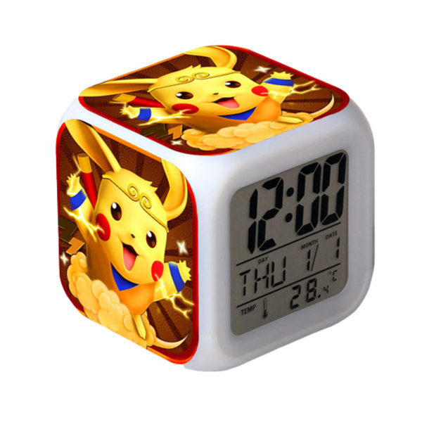 Pikachu Färgglad Väckarklocka LED Kvadratisk Klocka Digital Väckarklocka med Tid, Temperatur, Alarm, Datum