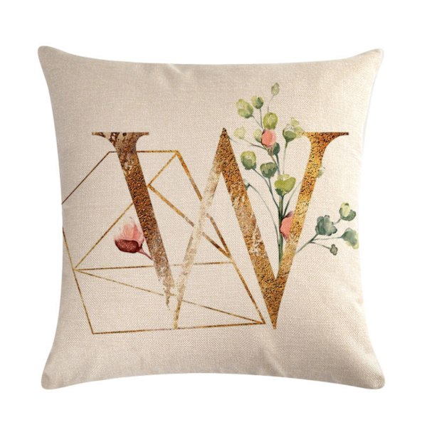 Englannin aakkosten tyynynpäällinen, kultainen geometrinen kukka, pellavainen tyynynpäällinen sohvalle, sängylle, kodin sisustukseen, 18 x 18 tuumaa (kirjain W)