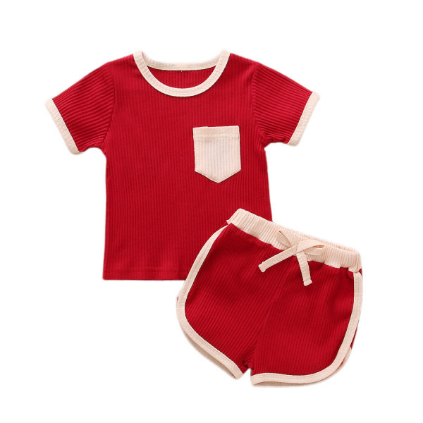 AVEKI Baby Girl Sommarkläder Paljetter Ficksstickade kortärmade T-shirts Shorts Set Outfit --- Röd（Stl 90）