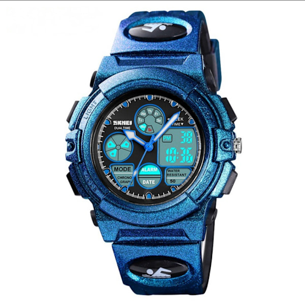 Pojkar, flickor, vattentät watch, ljusblå PU-rem för watch, elektronisk analog watch med larmstoppur