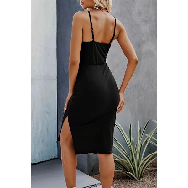 Kvinnor Sexig Bomull Rem Djup V-Ringning Kläder Klänning Solid Färg Crop Top Hög Split Maxi Klänningar, Svart (XL)