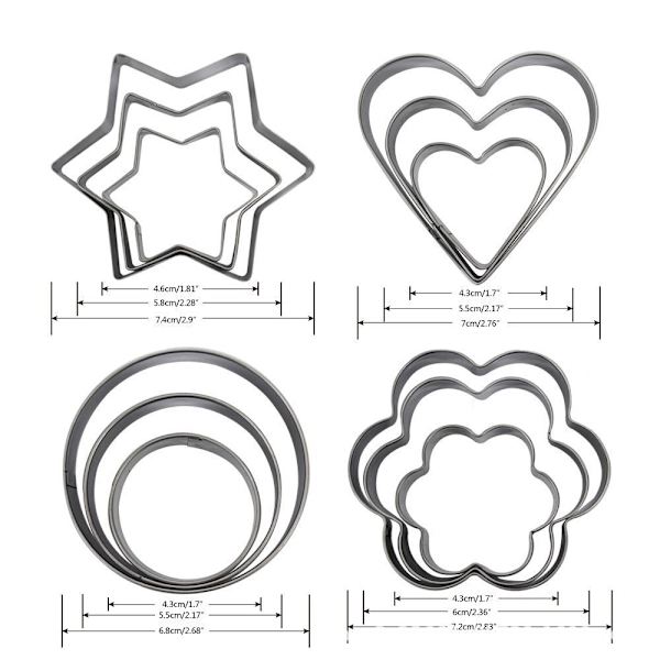 Kageform Biscuit Shapes Sæt, 12stk Kage Kage Frugt Grøntsager Rustfrit Stålforme Skærere | Hjerte Stjerne Cirkel Blomsterformet Form
