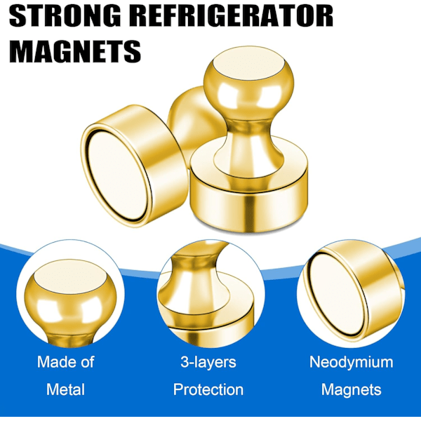 LOVIMAG Kultaiset Jääkaappimagneetti, 16 kpl Jääkaapin Magneetit Pienet Neodyymi Magneetit Valkotaululle, Vahvat Metalliset Push Pin Magneetit Magn