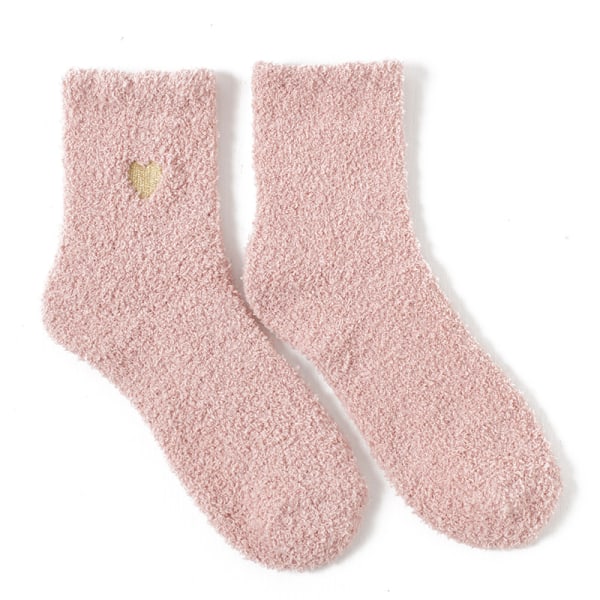 (3 par) Høst og vinter nye casual korallfleece mellomlange kvinnesokker tykke gulvsokker kvinners broderte kjærlighets halvkantede fleece-sokker pink 3 pairs