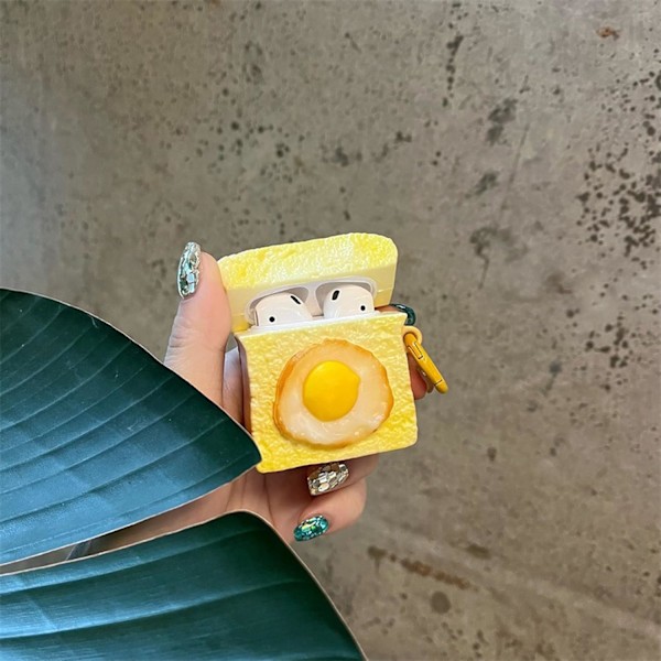 Etui Kompatibelt med Airpods 1 & 2, 3D Sødt Kawaii Æg Toast Design Nøglering Etui Cover, Bærbart Øretelefon Tilbehør Blød Silikone