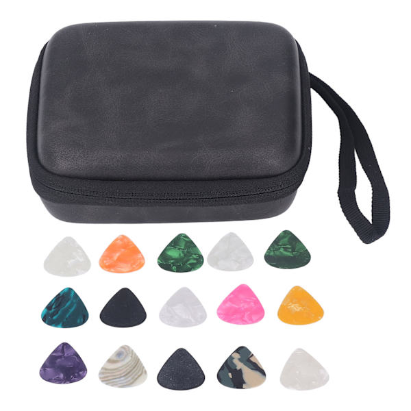 Guitar Pick Bag Sæt Celluloid Picks Opbevaringspose Holder Etui PU Læder til Instrument Tilbehør Sort