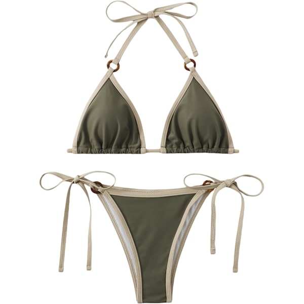 Kvinnors Halterneck Tie Side Triangle Bikini Set Hög Skuren 2 Delad Bikini Baddräkt Ring Army Green L