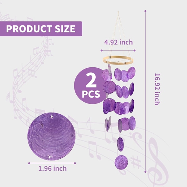 2-pakks Capiz-vindklokker for utendørs, hengende skjellstrandkyst-hav-hjemmedekorativ, unik naturlig skallfoss 2 Pcs - Purple