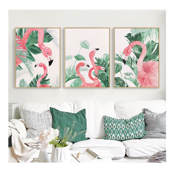 Flamingos i naturen Väggkonst Canvas Tryck Affisch, Enkelt Mode Vattenfärg Konst Ritning Dekor (Set om 3 Oinramade, 16''x24'')