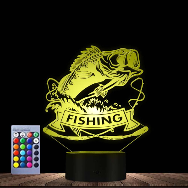 WJ 3D Fiskefisk Nattlys Lampe Illusjon Nattlys 16 Farge Endring Bord Dekorasjon Lamper Gave Akryl Flat ABS Base USB Kabel Leke