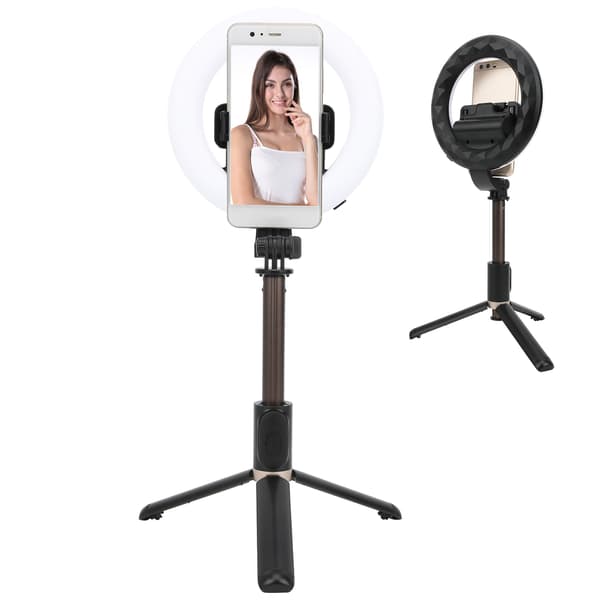 Trådløs Bluetooth Selfie Ring Fyldlys Mini Udtrækkelig Selfie Stick Stativ Sort