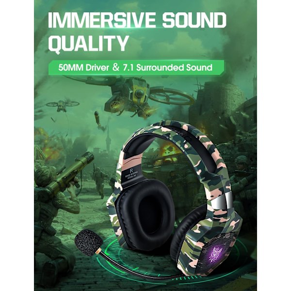 Gamingheadset med mikrofon, Gaminghörlurar för PS4 PS5 Xbox One PC med LED-lampor, Playstation-headset med brusreducering