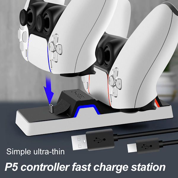 PS5-kontrollerlader, PS5-ladestasjon med dobbel ladebase for to PS5-kontrollere LED-indikator, PS5-kontrollerladerstasjon