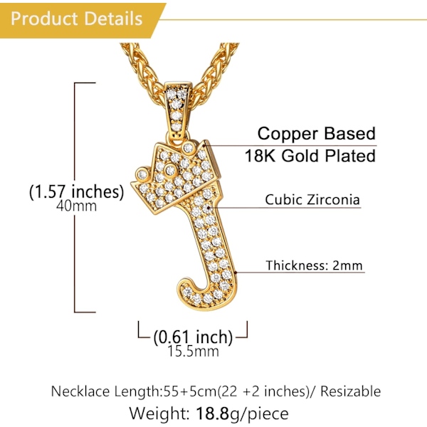 Krone Initial A-Z Halskjede, Iced Out Bokstavanheng med 22-24 Tommers Kjede, Menn Kvinner Bling Hip Hop Alfabet Navn Smykker Gave Stor In M Silver