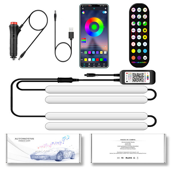 Bluetooth fot-aktiverad LED-bilrytmlampa-Y11 [Bluetooth APP + knapp + fjärrkontroll] svartvitt skal (ett set)