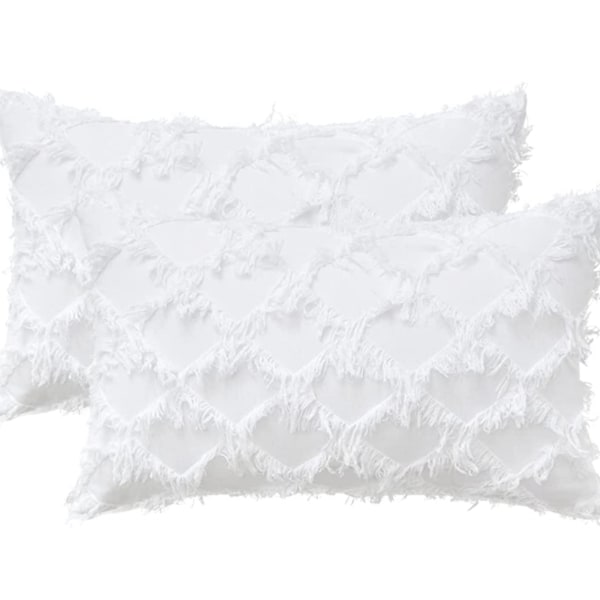 2-pack Boho kuddfodral Rutig frans Boho stil Linne Rutig textur Kuddfodral för soffa sovrum soffa vardagsrum (Vit, 12 x 20 tum)
