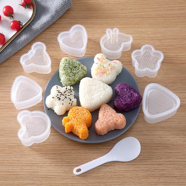 8-pak sødt risboldssæt – multiform (trekant/hjerte/kanin/blomst) Onigiri-forme + spatel, non-stick rysteforme til børn