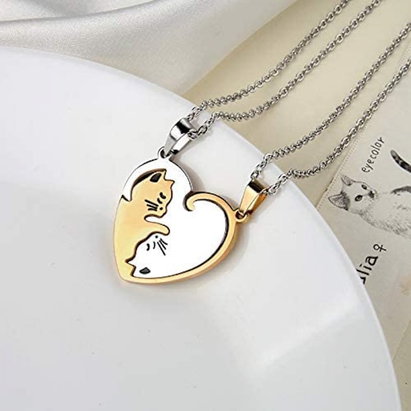 AVEKI Par Halsband med Hjärta eller Katt BFF Bästa Vän för Flickor Pussel Vänskap Hänge Halsband, 316L Rostfritt Stål, 1-Guld & Silver