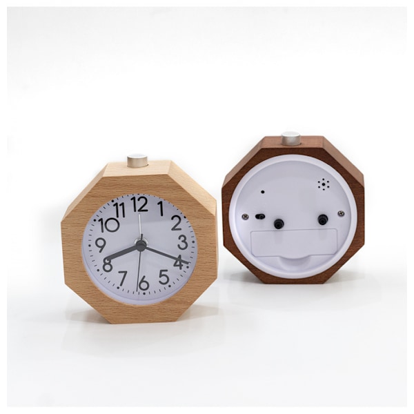 Oktagonal träanalog alarmklocka, batteridriven, icke-tickande klocka med snooze-knapp och bakgrundsbelysning - Gul