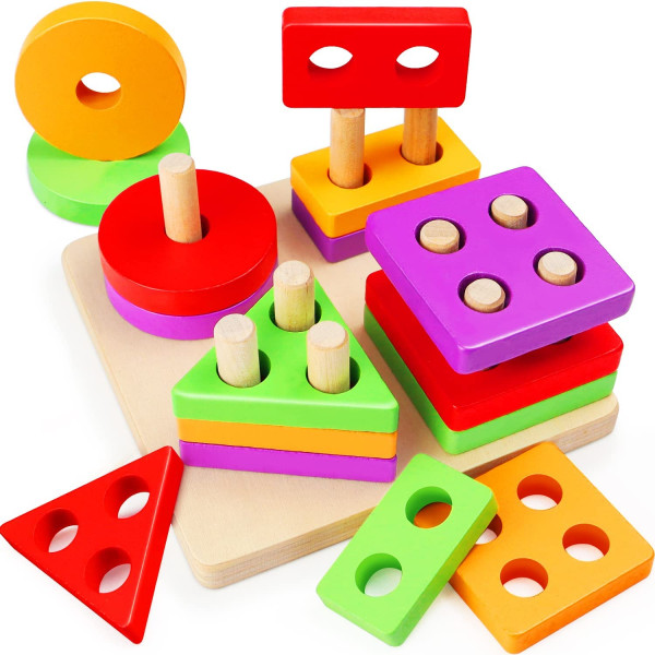 Toddler , Montessorileksaker i trä, pussel, formfärgigenkänning Sortering och stapling av geometriska brädeblock för barn