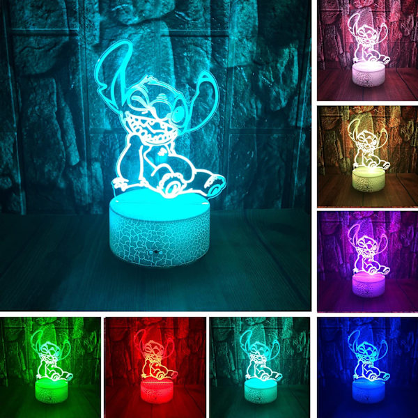 Kawaii Tegneserie Lilo og Stitch Anime Figur 3D LED Optisk Illusjon Soverom Innredning Bordlampe med Fjernkontroll 7 Farger Akryl Søvn Natt