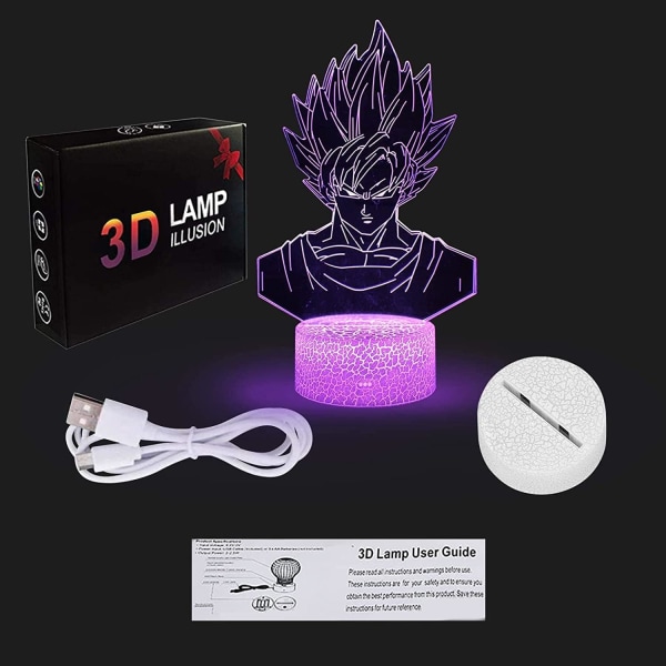 WJ 3D Illusion Anime Lampe, 7 farver skiftende 3D Illusion Anime Lys, Anime Figur 3D Lys Anime til Akryl LED Lampe Anime Led Lys til Børn Sun Wukong byst