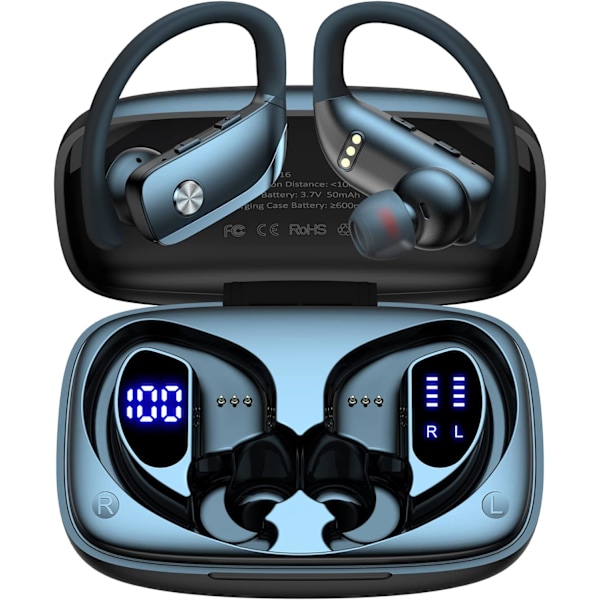Trådlösa öronsnäckor Bluetooth-hörlurar 48 timmars uppspelning Sport-hörlurar med LED-display Over-Ear-hörlurar med öronkrokar Inbyggd mikrofon