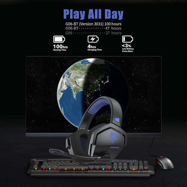 G06 Dubbla trådlösa spelheadset med mikrofon för PS5, PS4, PC, mobil, Switch: 2,4 GHz trådlöst + Bluetooth - 100 timmars batteri - 50