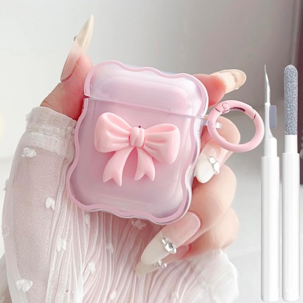 Sött genomskinligt skal för AirPods 2/1 Generation, flickigt 3D rosett design mjukt TPU skyddande stöttåligt Kawaii Apple iPod 2nd/1st Generation Fodral Bow pink+Cleaner Kit