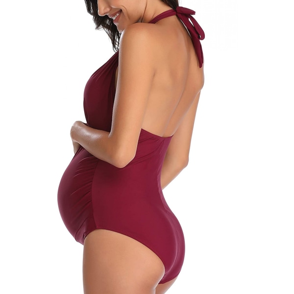 Maternity Badkläder En Delad V-Hals Graviditetsbaddräkt Halterneck Maternity Bikini, Vinröd, S