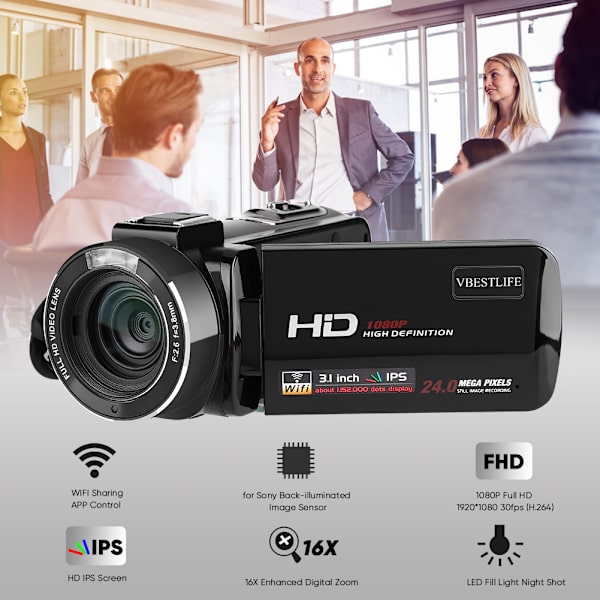 VBESTLIFE HDV Z20 3.0\" IPS-skärm WIFI 16X digital zoom 1080P DV-kamera