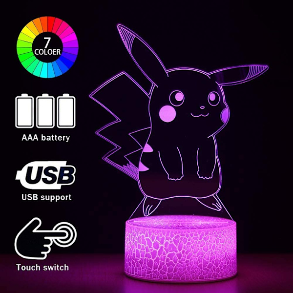 3D Pikachu Anime Lampe - Pikachu Lekefargede Dekorlampe med Fjernkontroll & Smart Berøring, Jule- og Bursdagsgaver for Pikachu-Fans