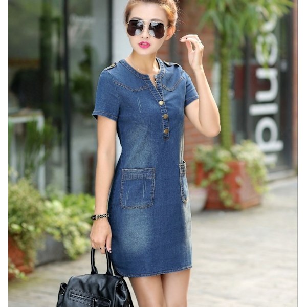 Denimkjole til kvinder. Smukke ærme-jeanskjoler til kvinder. V-hals stilfuld casual blå denim T-shirt kjole (blå M)