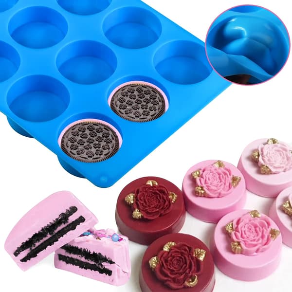 2 stk Oreo Cookie Chokolade Silikonform, 12-Hullet Rund Cylinder Oreo Chokolade Dækningsform til Slik, Silikon Bageform til Blue-2Pcs