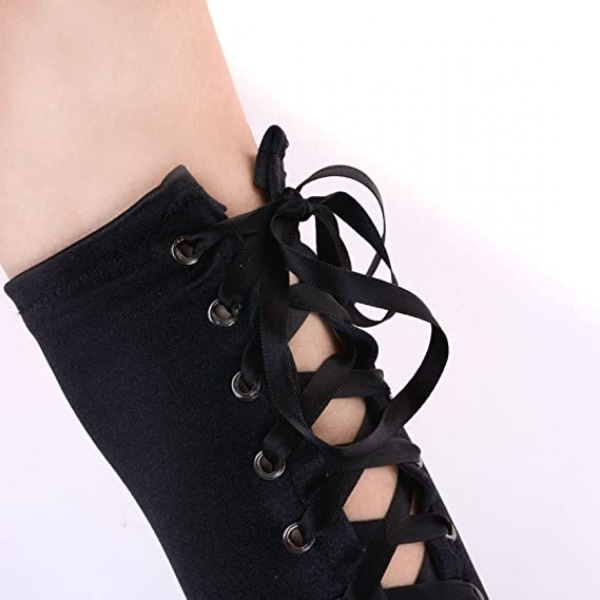 Dame Fingerless Handsker Albue Snørebånd Steampunk Kostume Arm Varmer, Satin Sort