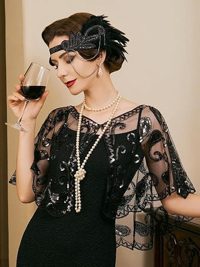 Kvinders 1920'er Flapper Sjal, Sequinbesatte Sjal og Wraps til Aften Sort