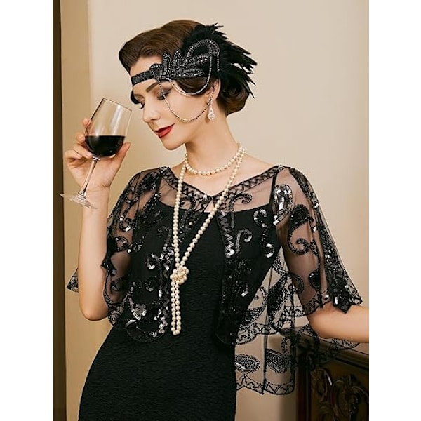 Kvinners 1920-talls Flapper-sjal, Sekvens- og Perlebesatte Sjal og Wraps for Kveld, Svart