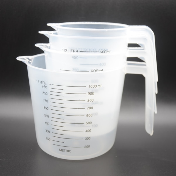 4-delad mätkopp för bakning, 250/500/600/1000 ml set, hushållsmätkopp i plast, transparent graderad kopp