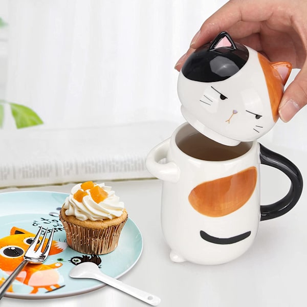15 oz söt keramisk kaffemugg med lock och sked, bedårande katt tekopp för kvinnor, damer 3D Kawaii kattkaffe