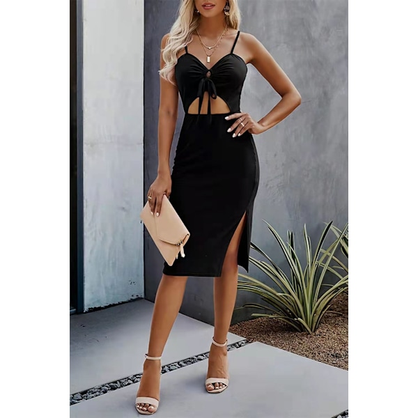 Kvinnor Sexig Bomull Rem Djup V-Ringning Kläder Klänning Solid Färg Crop Top Hög Split Maxi Klänningar, Svart (XL)