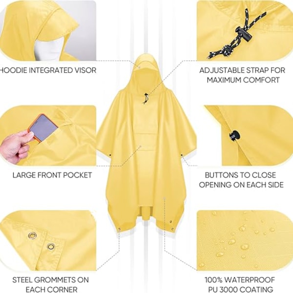 Regnponcho med huva för vuxna med ficka - Vattentät lättvikts unisex-regnrock för vandring, camping och nödsituationer yellow
