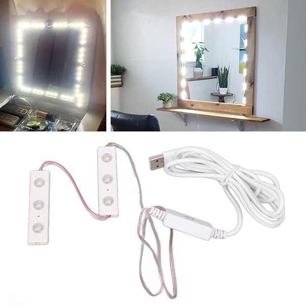 LED-sminkningsspegel med justerbar ljusstyrka, USB-kontakt, gör-det-själv-spegelremsa, 2 strängar (6 st LED-lampor)