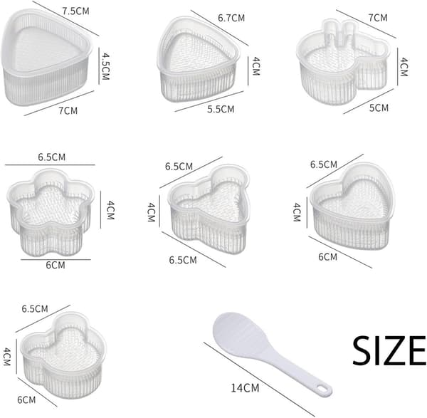 8-pak sødt risboldssæt – multiform (trekant/hjerte/kanin/blomst) Onigiri-forme + spatel, non-stick rysteforme til børn