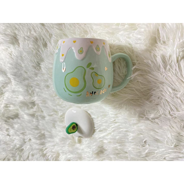 Høj skønhedskop med låg ske krus kvindelig studerende koreansk version dejlig ins kaffekop husholdning keramisk morgenmad kop (Avocado krus)