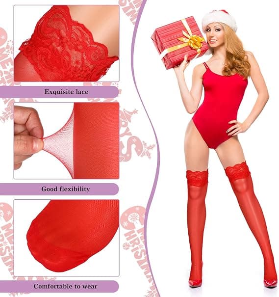 Lace Sheer Thigh High Strømper 3 Par Opaque Hold Up One Size til Sorte Kvinder, Rød